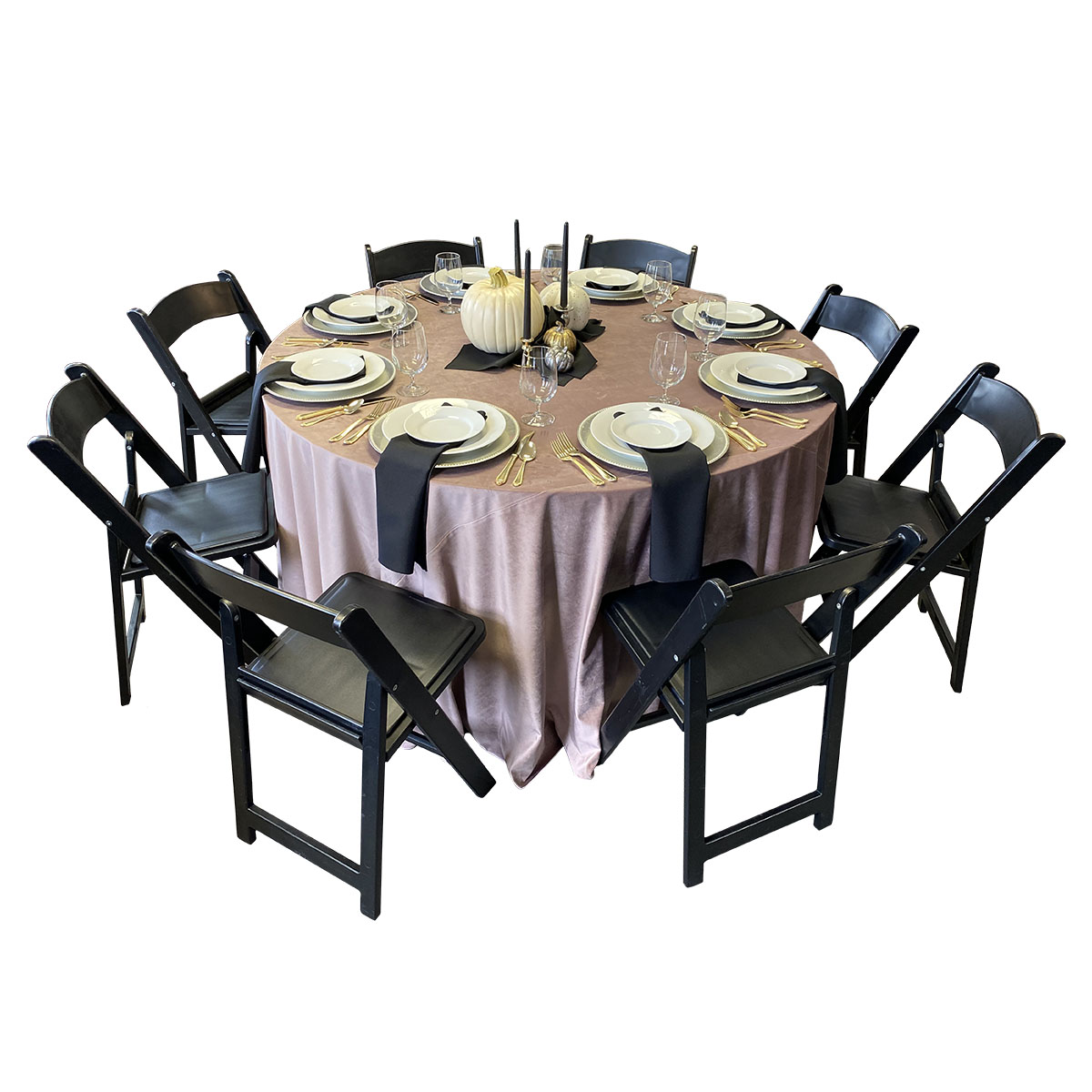 120" Round Rose Velvet Tablecover On 60" Round Table With Black Napkins, White Royal China, Gold Plated Flatware, 16oz Goblets And Black Garden Chairs