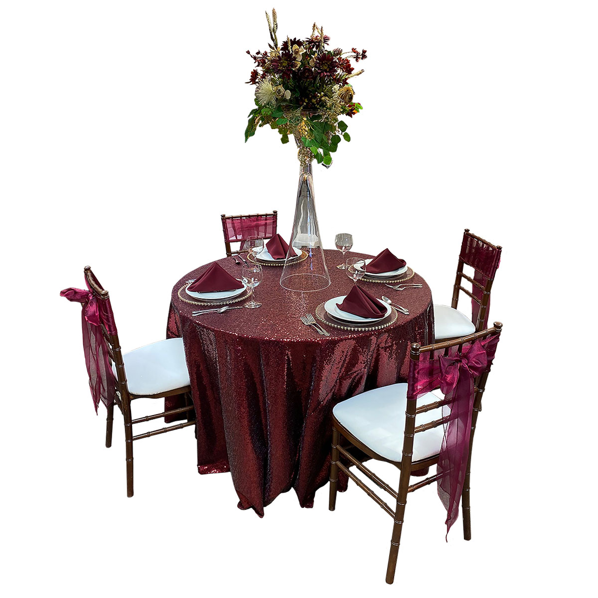 48" Round Table With 108" Round Crimson Glimmer Tablecover, Fruitwood Chiavari Chairs With White Pads, Wine Organza Sashes, Glass Chargers With Gold Beads, White Swirl China, Balloon Wine Glasses, Merlot Solid Napkins And Clarinet Vase (Floral Not Included)
