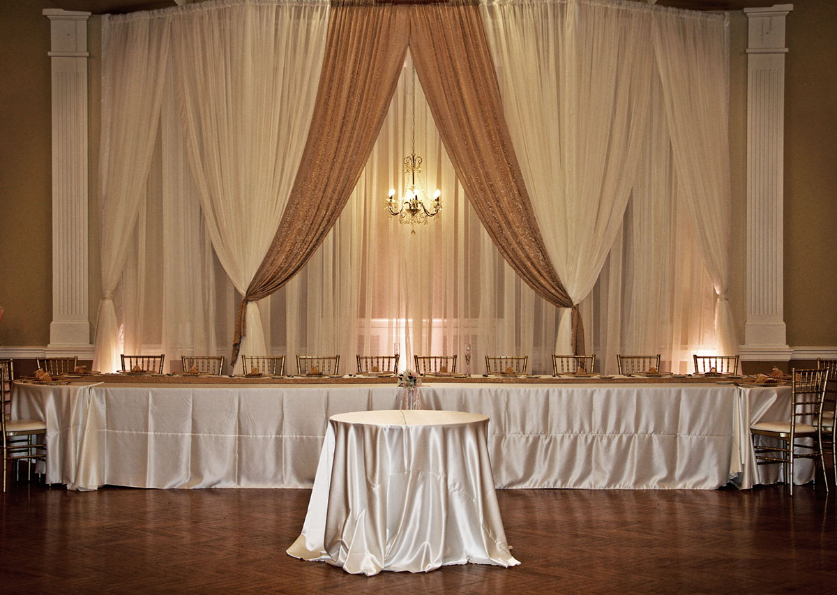 AG Specialty Sheer Ivory Backdrop with Ivory Sheer and Iridescent Crush Camel Drape
